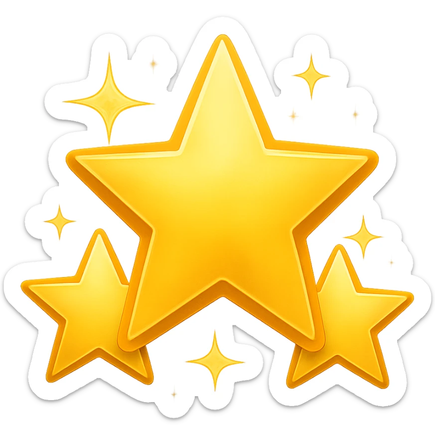 3 golden stars, one big in the center and two smaller on the sides, with a slight glow effect and sparkles (emoji style) sticker