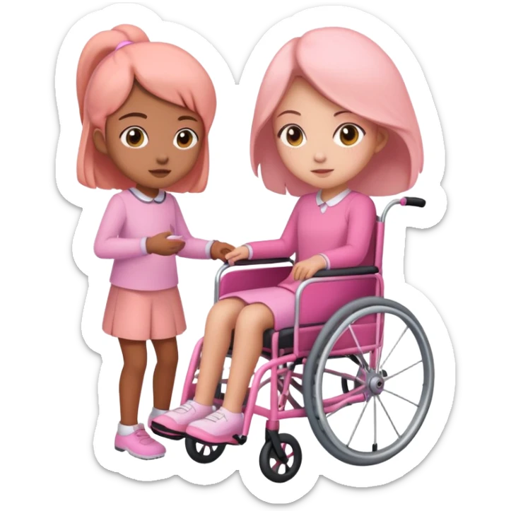 One peach skin sister pushing her light brown skin sister in a pink wheelchair sticker