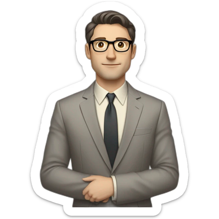 Full height Pale skinned Fit Man With dark brown hair in classic gray suit, beige office shirt, dark gray tie, and vintage glasses. Thrumbs of his palms directed up sticker