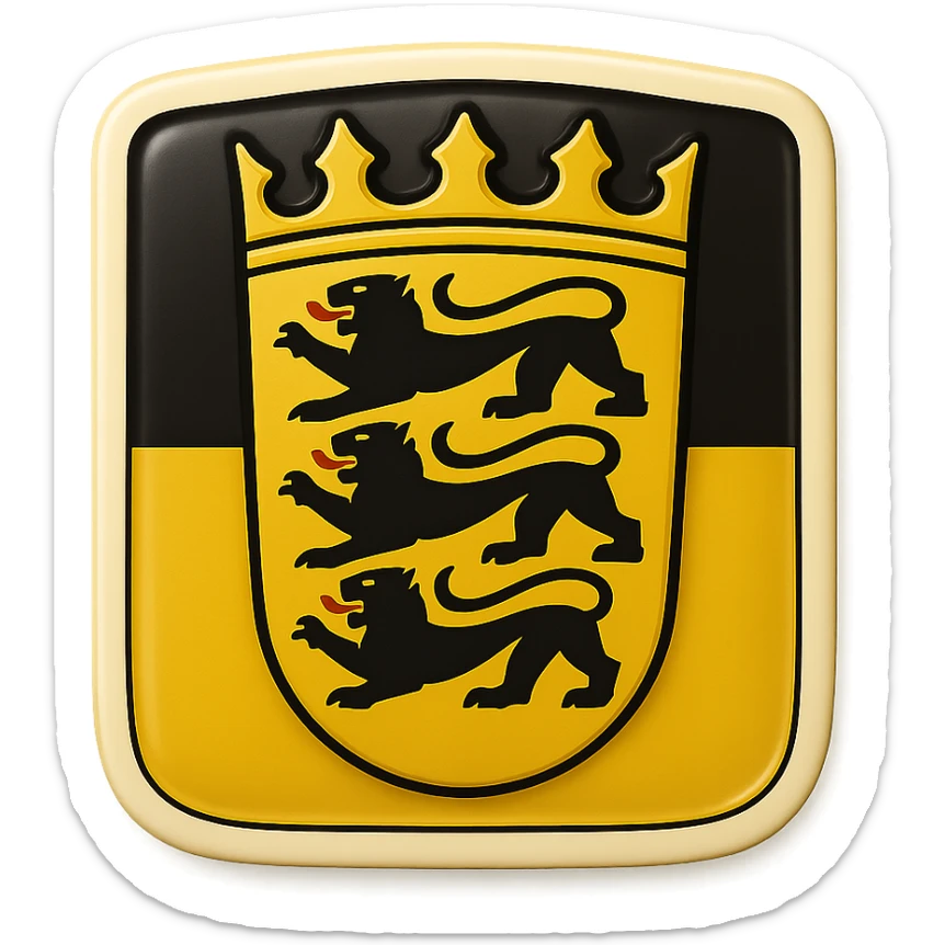 Create an emoji of the Baden-Württemberg coat of arms featuring three black lions and a crown. The style should be less cartoonish and match the retro stickers style similar to the first Berlin icon from the last batch. Use the official Baden-Württemberg flag as the full background. No text included. sticker