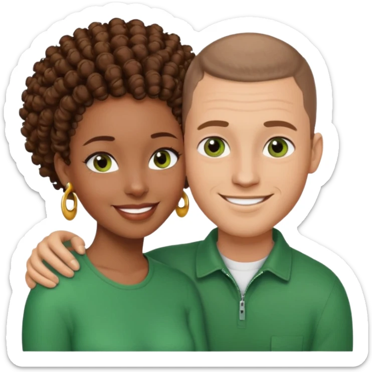 a couple embracing each other. a black woman with curly brown hair and brown eyes, smiling. and a white man with a buzz cut, wearing stud earrings and green eyes, smiling.  sticker