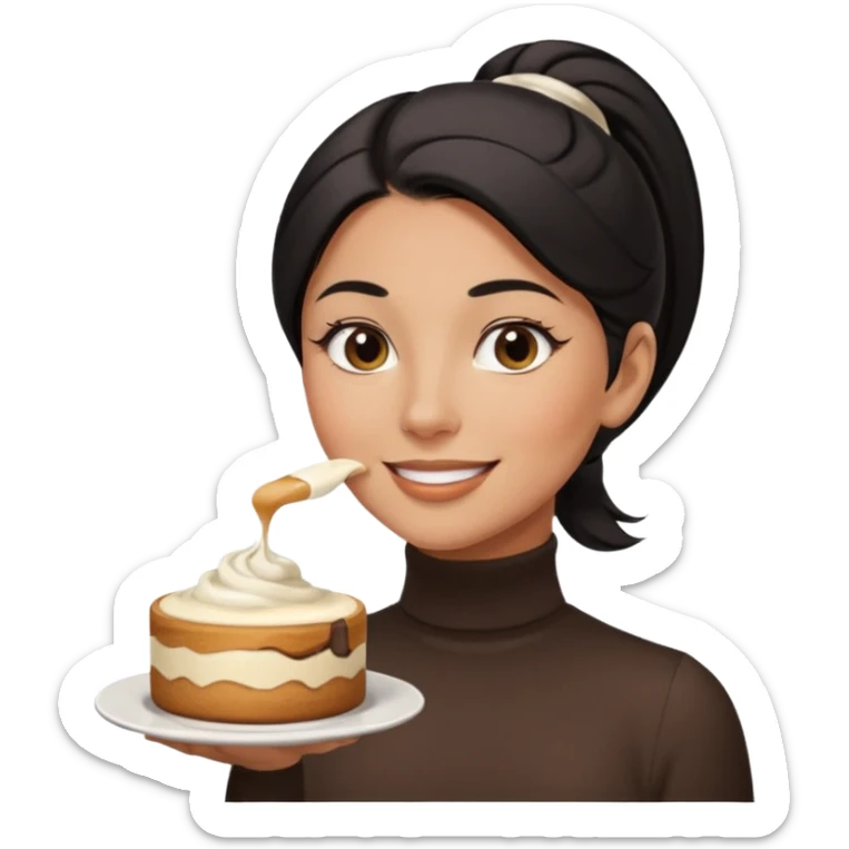  tan skin woman with long face, and short black hair slicked back ponytail with forehead showing, wearing white turtleneck shirt, eating tiramisu smiling with middle parted hair sticker