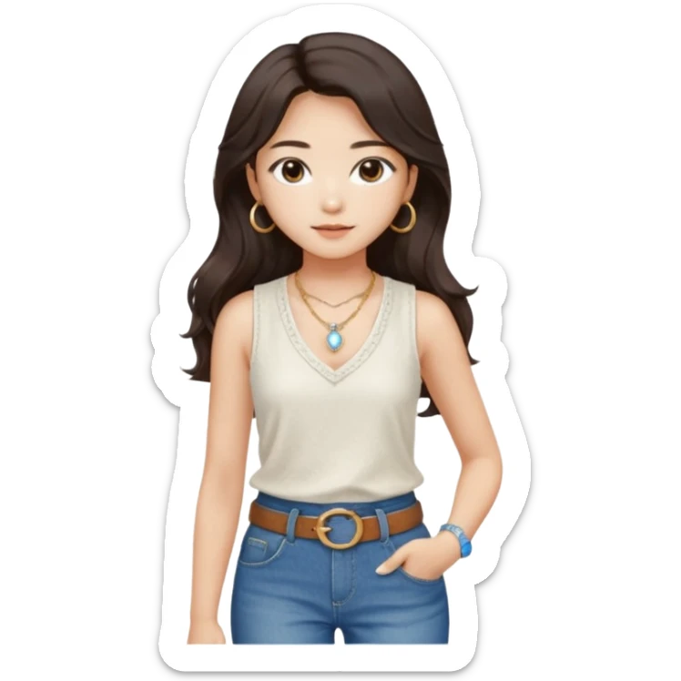 Stylish South Korean girl with long wavy dark hair, wearing a white textured sleeveless top, blue jeans, and a brown belt — soft lighting, cozy indoor vibe, a small, moonstone pendant necklace with a dainty gold chain adds a delicate touch sticker