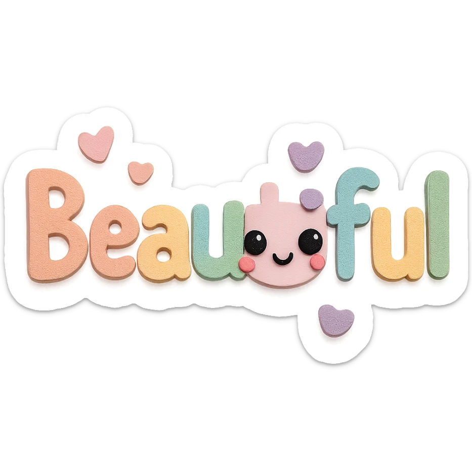 Add a cute kawaii face and tiny pastel hearts to the text, keep the 3D paper-craft effect, no outline, transparent background sticker