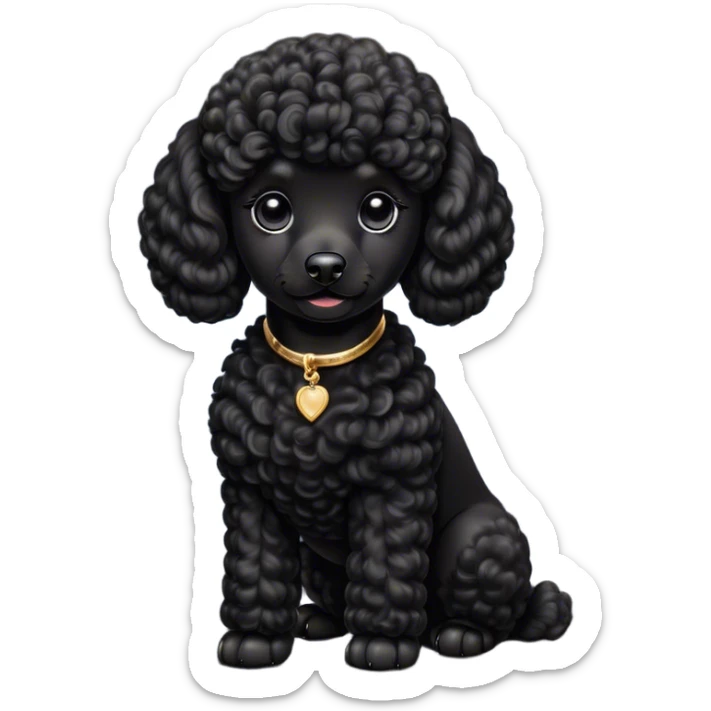 Cinematic Noble Black Poodle Portrait Emoji, Poised and regal, with a refined, elegant build and a meticulously groomed, curly jet-black Fur, deep-set soulful dark eyes, Simplified yet sharp and sophisticated features, highly detailed, glowing with a soft, dignified glow, high shine, intelligent and graceful, stylized with an air of sophistication, focused and attentive, soft glowing outline, capturing the essence of a watchful and confident companion, so majestic it feels as though it could prance out of the screen with effortless authority! sticker