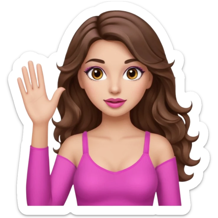 girl with long wavy brown hair, brown eyes, long lashes makeup, sexy pink lips, light to medium complexion, pink sexy top,waving sticker