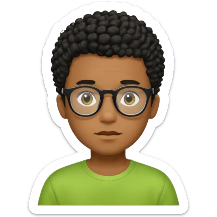 Menino pardo com cabelo curto cacheado preto raspado dos lados, de óculos preto quadrado e blusa verde e amarela sticker