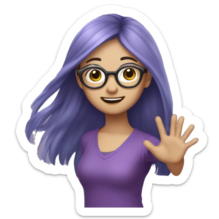 asian girl with long purple hair and glasses waving her hand  sticker