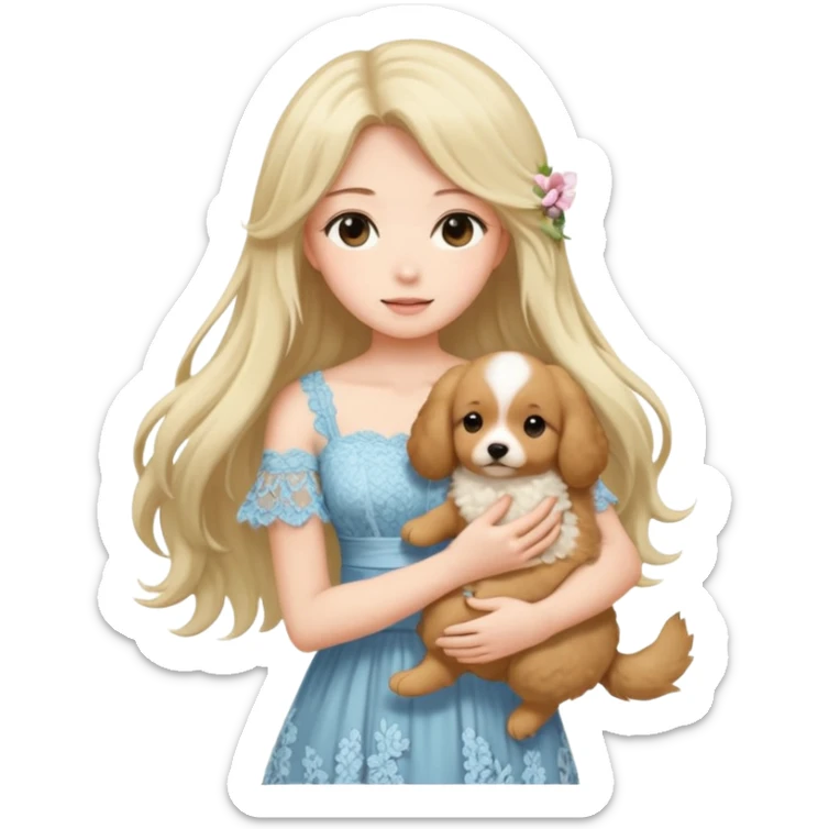 Pastel anime lady long hair with long lace dress full body holding puppy sticker