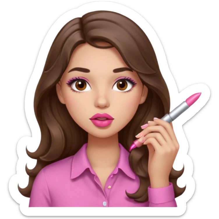 girl with long wavy brown hair, brown eyes, light to medium complexion, in a pink shirt, pink lips, long lashes, puckered lips, putting on lipstick sticker