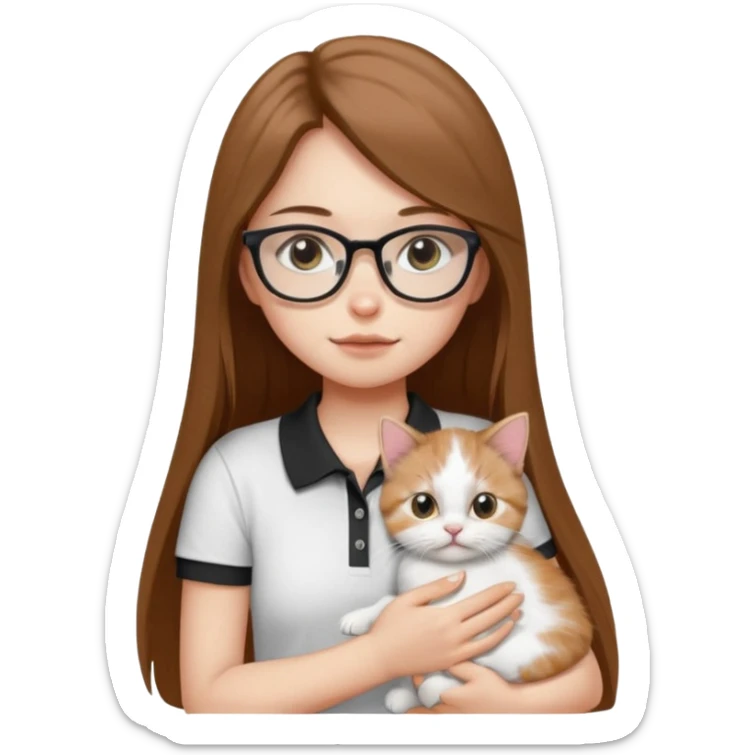 a girl with long brown straight hair, in a white a black polo t-shirt, with eyeglasses hugs a persian kitten 3 months old had a half spot black on her face and white one cat. emoji | AI Emoji Generator sticker