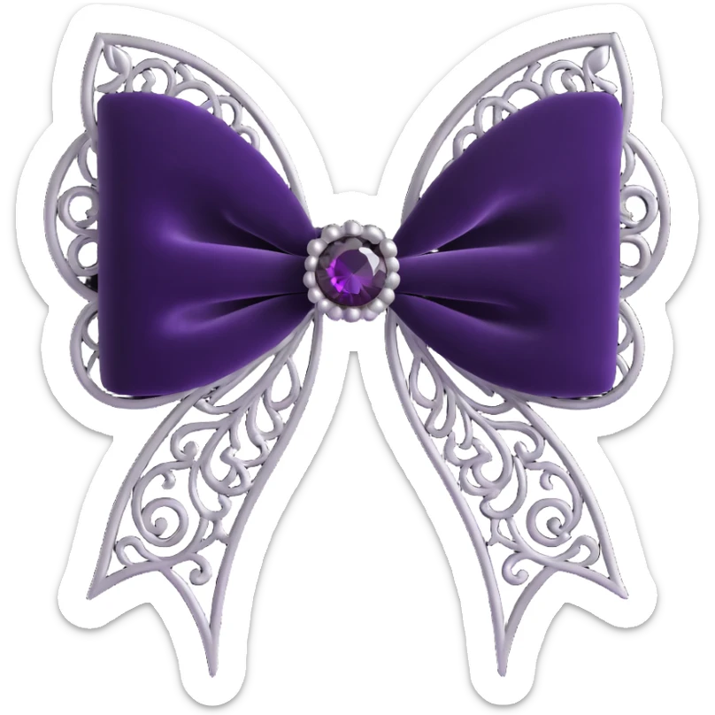 3D emoji gothic bow, black velvet with silver filigree and a dark amethyst gem sticker