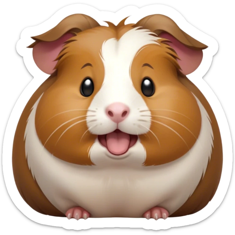 Cinematic Cute Yawning Brown and White Banded Guinea Pig Portrait Emoji, Head tilted slightly with a dramatic, wide-open yawn, revealing a soft, banded fur of brown and white with tiny, droopy ears, round dark eyes barely open in drowsy contentment, Simplified yet irresistibly adorable features, highly detailed, glowing with a soft, cozy glow, high shine, relaxed yet expressive, stylized with a touch of whimsy, bright and endearing, soft glowing outline, capturing the essence of a sleepy yet affectionate guinea pig, so drowsy it feels like it could stretch out of the screen and curl up for a nap! sticker