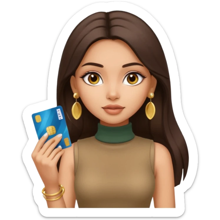 a pretty bratz fair indian girl wearing a beige sleeveless turtleneck, golden earrings, straight ling hair, holding bank cards, dark brown hair sticker