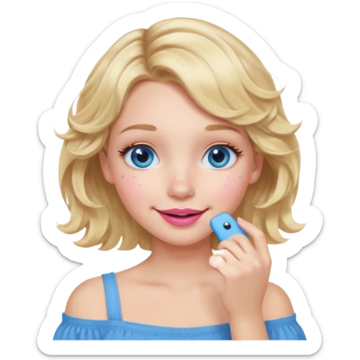 Girl Blonde short wavy hair,  blue eyes, cute blue top, long lashes, pink lips, smiling, hand over the mouth sticker