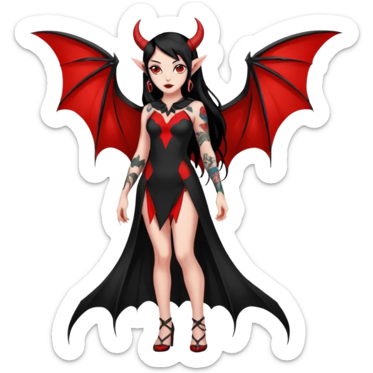 Full red-skin demon girl (entire body red), long black hair, small red horns, pointed ears, single bat wing, black open-back dress, bold tattoo-flash comic linework, red/black/gray, dark background, no text. sticker
