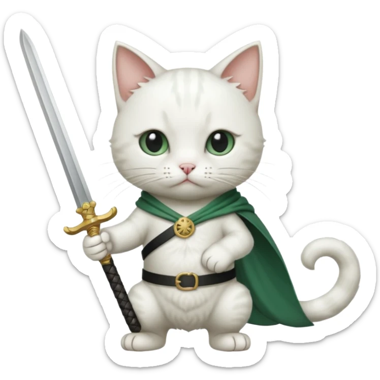 un gato blanco con reeferencia a rororoa zoro "una espada en cada mano y una en la boca" sticker