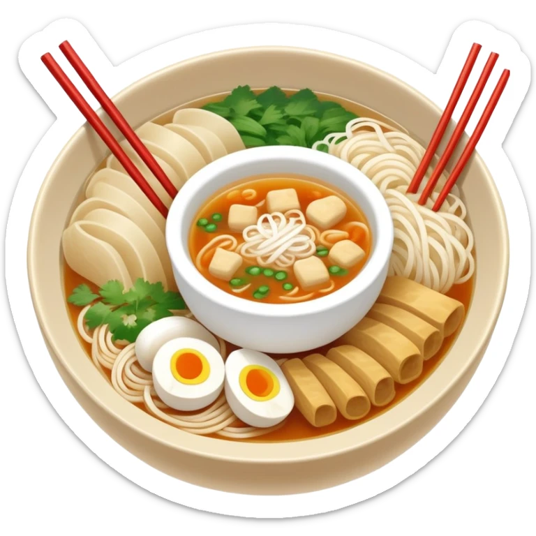 Yunnan Crossing the Bridge Rice Noodles with separate ingredients and hot broth, simplified emoji style with bold outlines and bright colors, cartoon style traditional Guo Qiao Mi Xian sticker