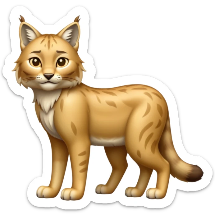 Cinematic-Lynx-Realistic-Full-Body-Standing on all fours-Emoji – Tail flicking slightly, head tilted dramatically, powerful yet sleek frame covered in soft golden-brown fur with faint spotting, long legs and large paws poised elegantly, simplified yet realistic focused features, highly detailed, glowing with an almost sarcastic glow. sticker