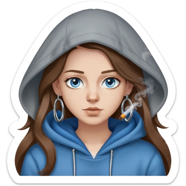 Long brown hair, blue eyes, grey hooded jumper, big silver hooped earrings, smoking sticker