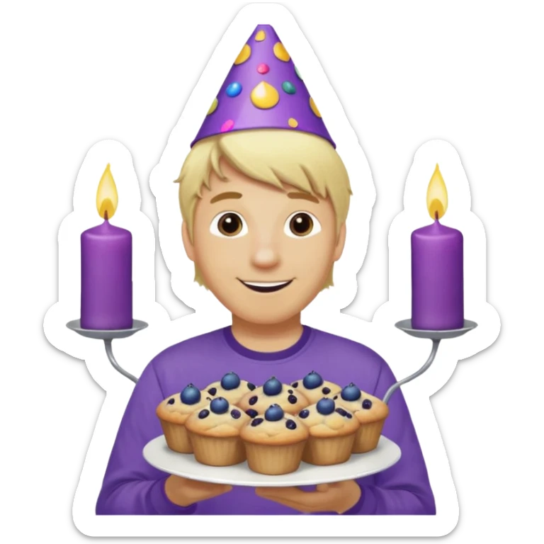 Man with blonde hair wearing purple shirt and a party hat holding several blueberry muffins either candles in them  sticker