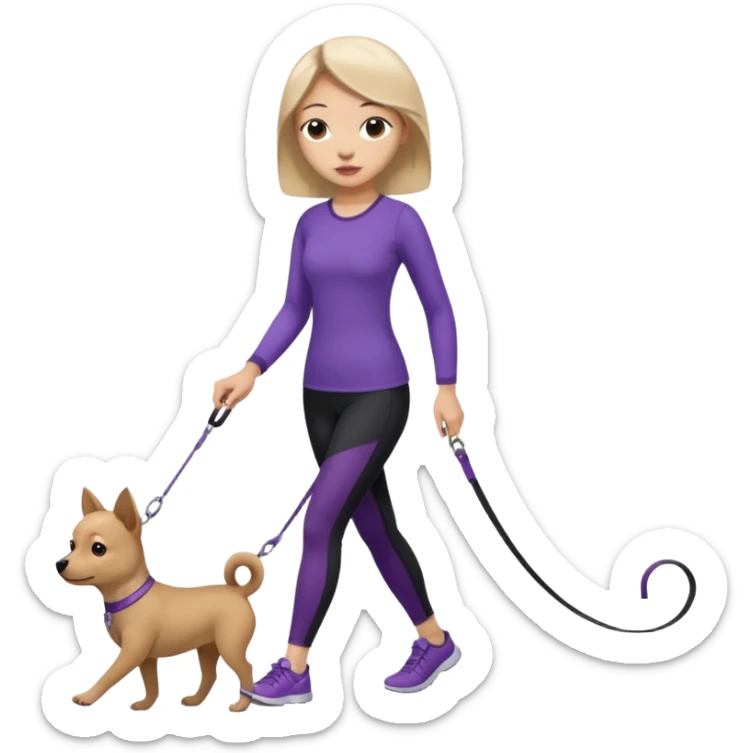 Chinese woman wearing purple top and black leggings walking 1 small brown dog sticker