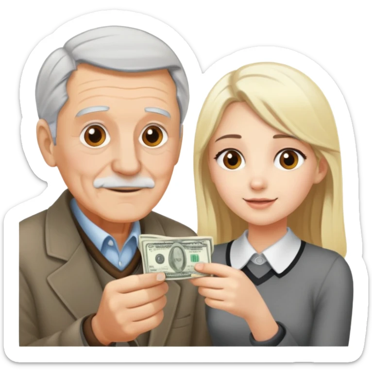 Kind elderly grandfather with gray hair giving money to a pretty blonde young woman who needs financial help, hot sticker