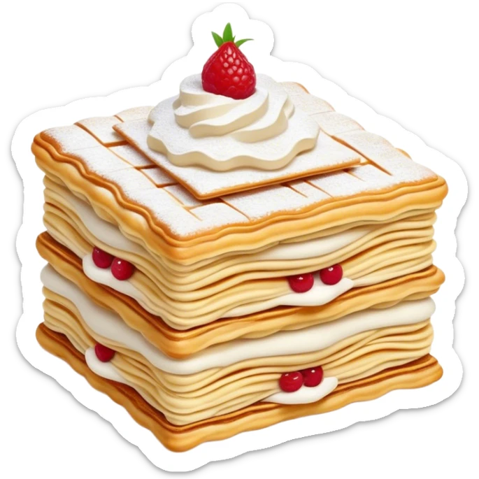 Cinematic Realistic Mille-Feuille Dessert Emoji, depicted as layered puff pastry with rich cream and a dusting of powdered sugar rendered with intricate textures and elegant, soft lighting. sticker