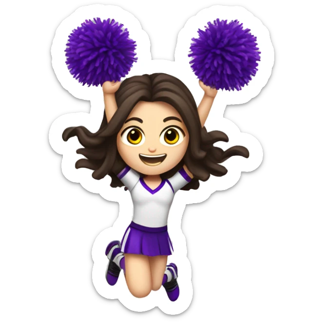 Caucasian cheerleader with long dark brown hair, jumping and holding up two purple Pom poms, small full body emoji sticker