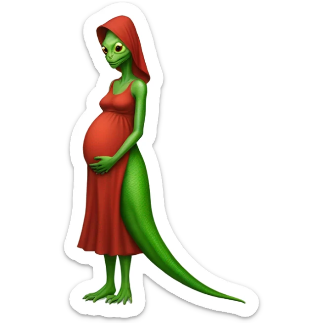 green Pregnant Reptilian alien woman, full body in red dress sticker
