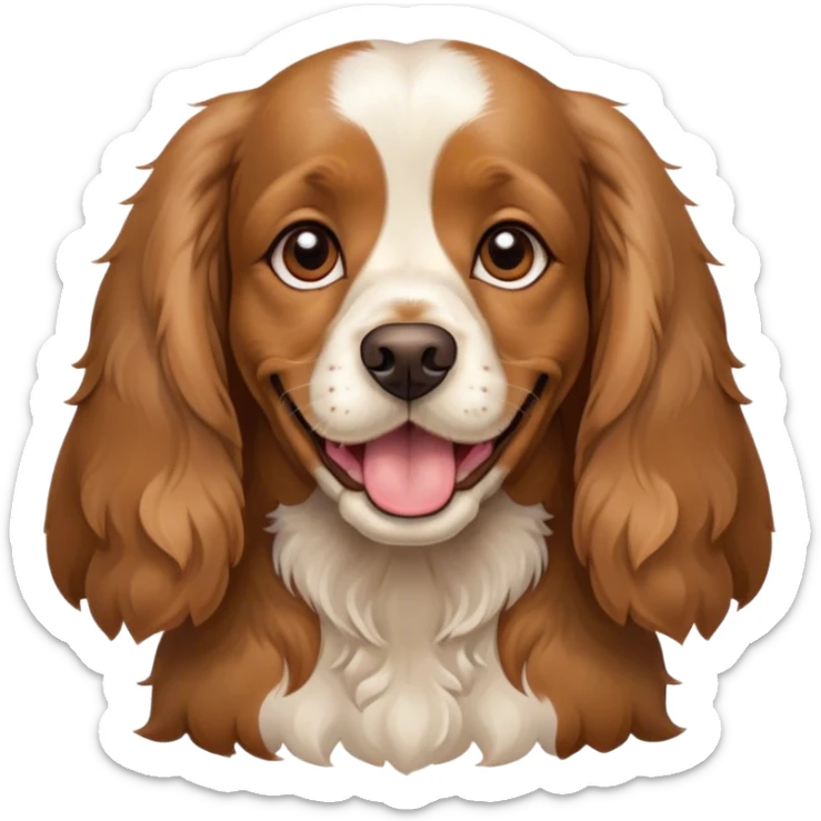 The face of a cute adult cocker spaniel dog, with dark brown ears and back, and golden brown face and chest, with a very happy face sticker
