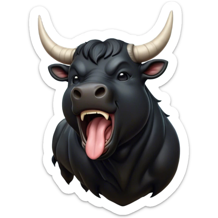 Cinematic Cute Yawning Black Bull Portrait Emoji, Head tilted slightly with a dramatic, wide-open yawn, showcasing a smooth, pure black hide with a subtle texture, floppy ears slightly drooping, round dark eyes barely open in drowsy contentment, Simplified yet irresistibly adorable features, highly detailed, glowing with a soft, cozy glow, high shine, relaxed yet expressive, stylized with a touch of rugged whimsy, bright and endearing, soft glowing outline, capturing the essence of a sleepy yet affectionate guardian, so drowsy it feels like it could charge right out of the screen and curl up for a nap! sticker