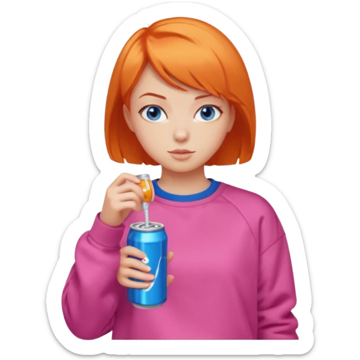 orange short hair girl sipping energy drink, blue eyes, pink sweatshirt sticker