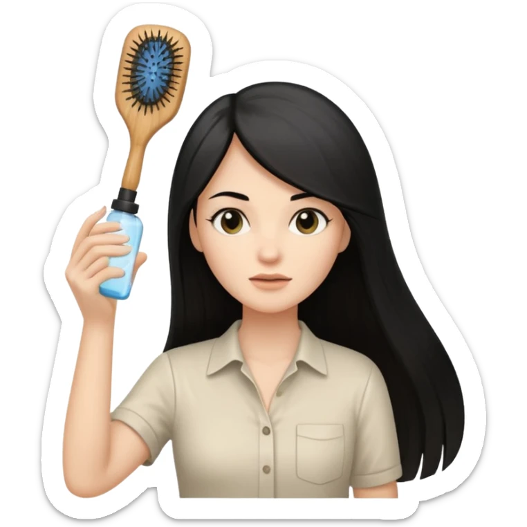 A white woman with long, straight black hair, wearing an ivory-colored shirt, holding a small square wooden paddle hairbrush in her left hand and spraying a hair mist bottle with her right hand toward her hair. sticker