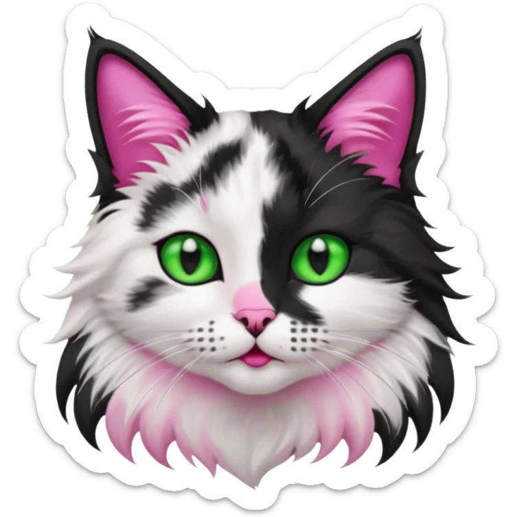 black and white long hair cat. green eyes. black nose and pink lips. black splotch in the shape of a star near nose (on the right side) sticker