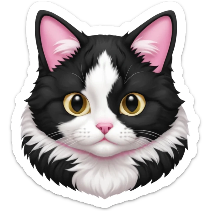 A tuxedo cat, top half body, a black mark near his mouth under the nose sticker