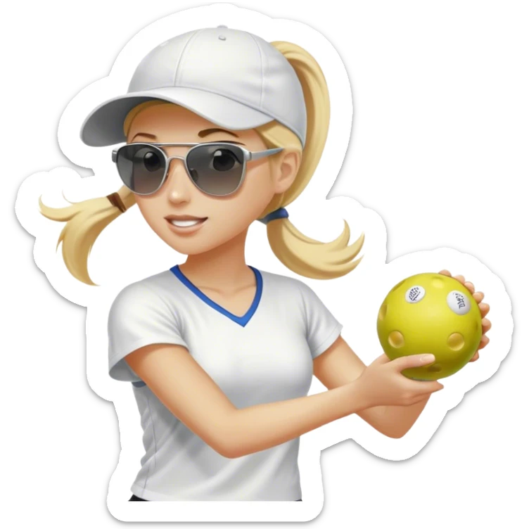 Girl with blond hair in a ponytail wearing a white baseball cap and sunglasses playing pickleball sticker