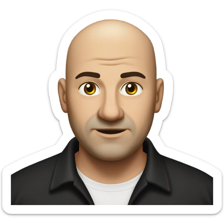 A slightly overweight middle-aged Italian man with olive-toned skin with bald hair and no facial hair. He is wearing a sleek black smart shirt, casually unbuttoned at the top. sticker