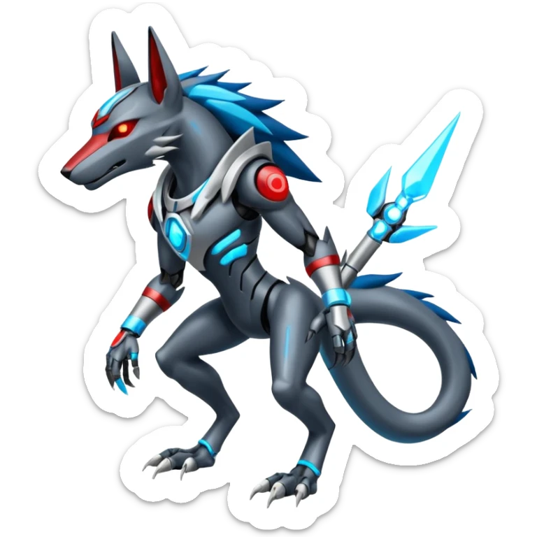 White and blue and cyan and red cyberpunk intricate neon glowing grey white futuristic cyborg-Anubis-Zeraora-Zoroark-fusion (full body) sticker