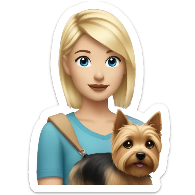 me - girl with blond hair on top and black line under with blue eyes with norwich terrier dog  sticker