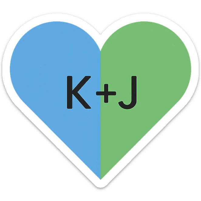 minimalist style blue and green heart with the letters K+J in the center, transparent background sticker