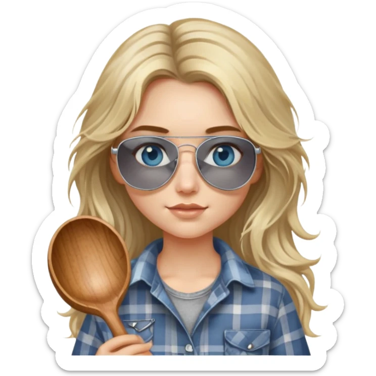 girl with long blond messy hair wearing grey plaid shirt with blue eyes and aviator sunglasses wearing a ring on her silver necklace, holding wooden spoon sticker