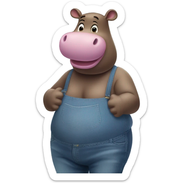Gloria the Hippo shown in an inflated, massive-shaped form.  Her Blue Shirt and blue jeans that appear tight due to her inflated shape. her head and arms are visible above her ballooned body. her arms are holding her body, Madagascar screencap sticker