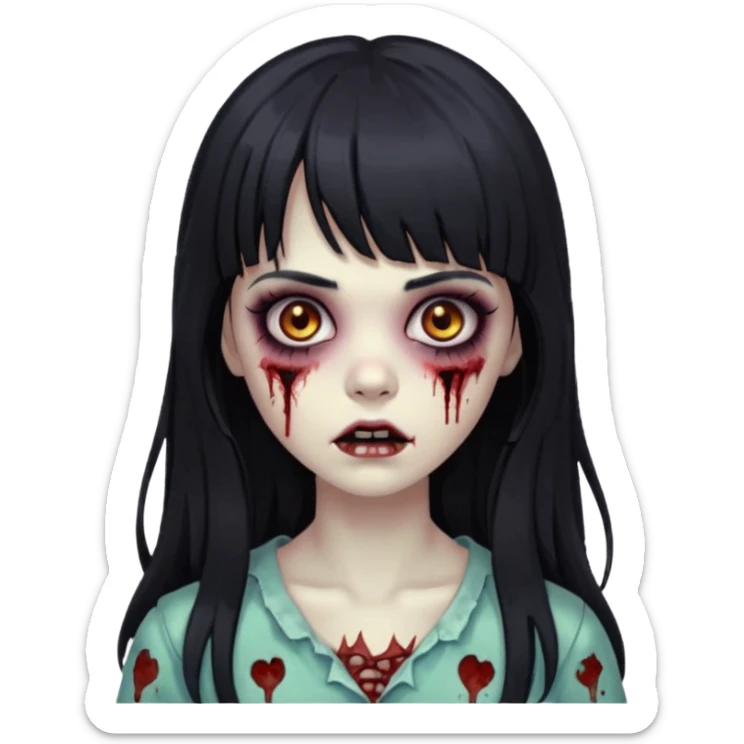 Zombie girl, black hair with bangs, slightly wavy, very long hair,long eyelashes, black eyes,iOS style sticker
