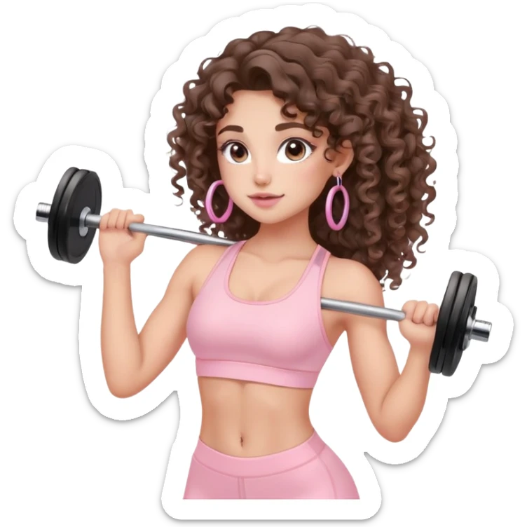 cute balayage brunette long hair curly/wavy haired girl, hoop earrings, clean girl makeup DOING EXERCISE with weights with a cute pastel pink set sticker