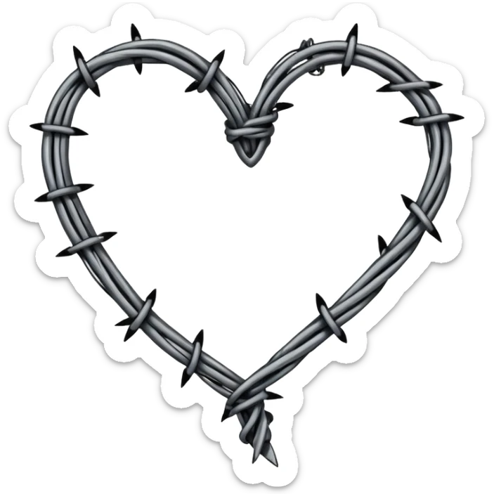 Minimal black line art heart made from barbed wire, hand-drawn sketch look, uneven ink strokes, 6–7 barbs with twisted knots, simple clean outline, centered on plain white background, high contrast sticker