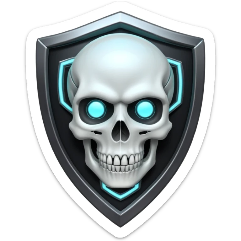 Futuristic shield badge, metallic tubes entwined, skull center, dark anime 90s style, no background sticker