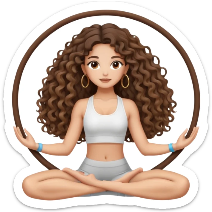 cute balayage brunette long hair curly/wavy haired girl, hoop earrings, clean girl makeup DOING a YOGA pose sticker