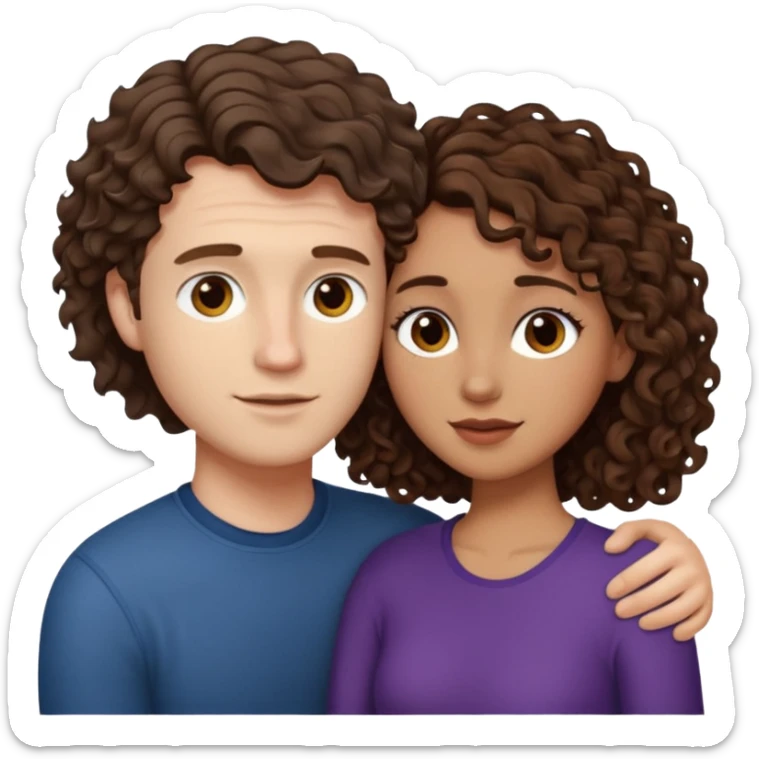 white male with short, straight, medium brown hair, shorter mixed toned woman with long curly dark brown hair, relationship sticker