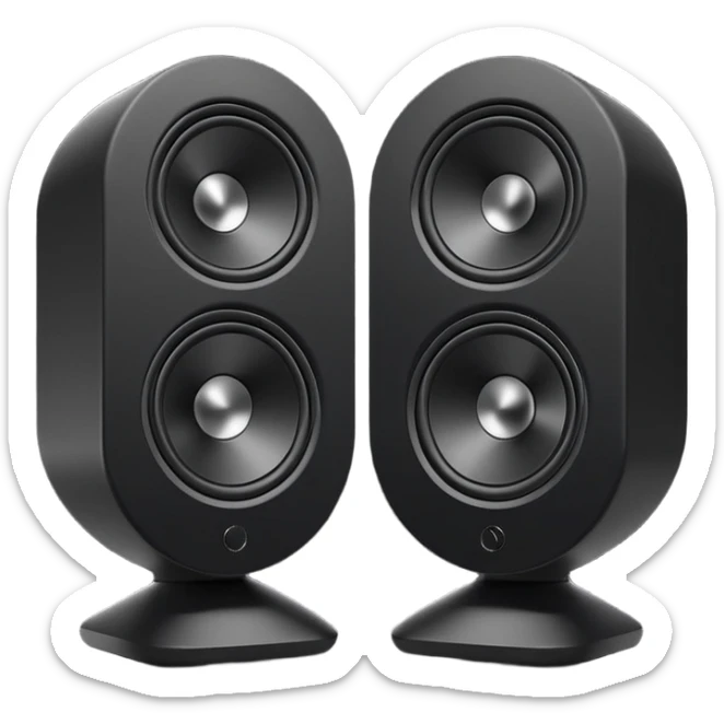 pair of big speakers emoji, deep matte black metal body, circular speaker cones with subtle depth, smooth rounded edges, minimalistic futuristic 3D style, luxury aesthetic sticker